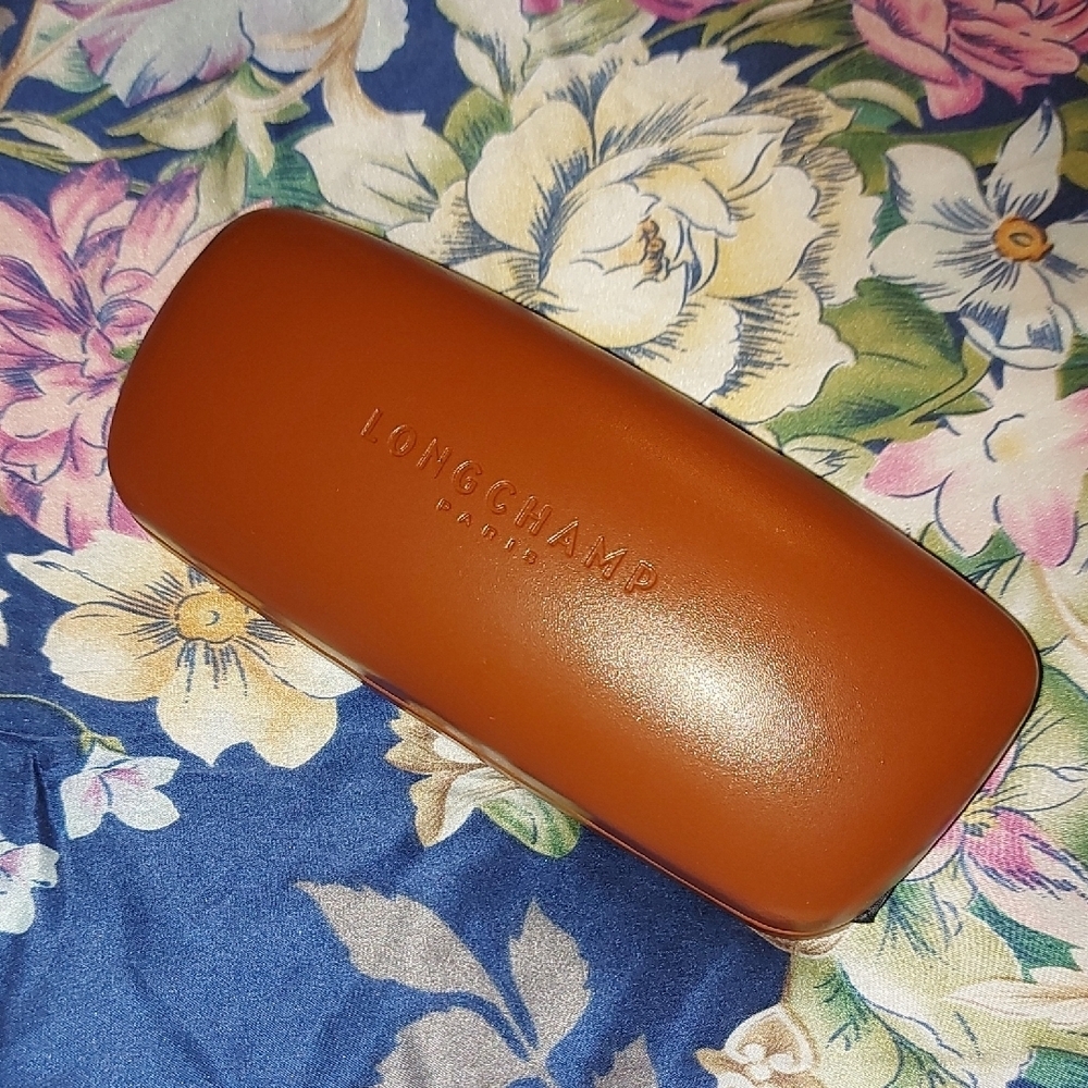 Longchamp Tan Leather Eyewear Case With Logo Cleaning Cloth